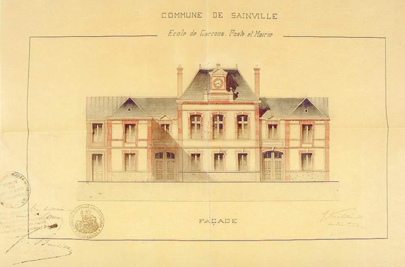 Mairie et école de garçons de Sainville, élévation de la façade principale, 1881