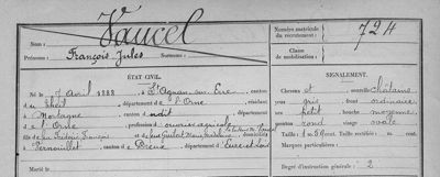 Extrait de la fiche matricule de François Jules Vaucel, bureau de Dreux, 1908, Arch. dép d’Eure-et-Loir, 1 R 675.