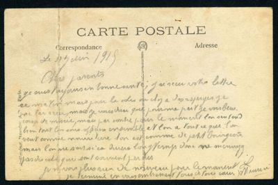 Carte postale-photographie représentant au recto les 3 frères Laigneau en 1915 et au verso correspondance entre Maurice Laigneau et ses parents en date du [10] juin 1915. Archives départementales d'Eure-et-Loir, 5 NUM 36-42, Fonds Binet.