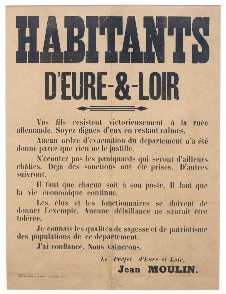 Affiche reprenant une annonce du préfet Jean Moulin, 1940. 