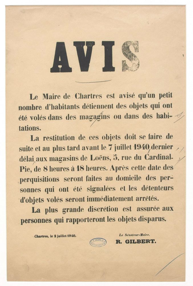 Affiche relative aux pillages, 2 juillet 1940. 