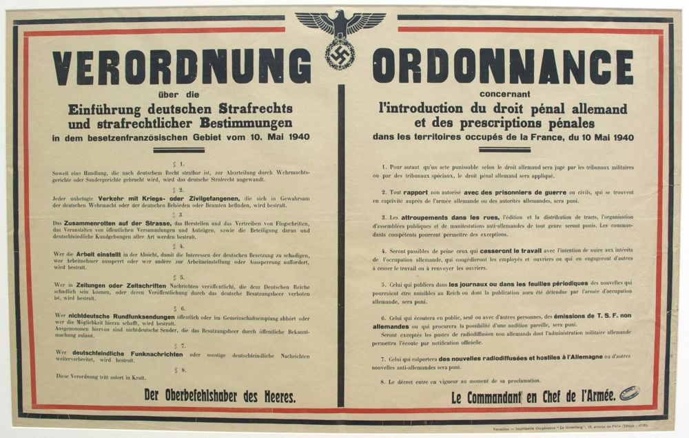 Ordonnance relative à l'introduction du droit pénal allemand en zone occupée, 10 mai 1940. 