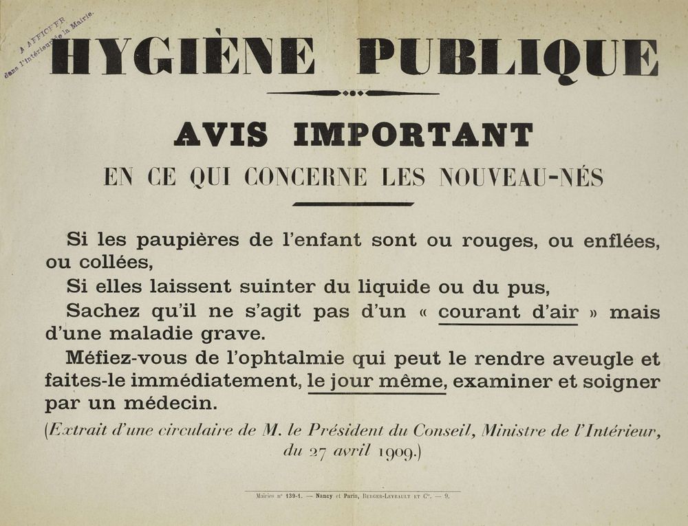 Hygiène publique. Avis important en ce qui concerne les nouveau-nés. Nancy et Paris, 1909 (Imprimerie Berger-Levrault et Cie).
