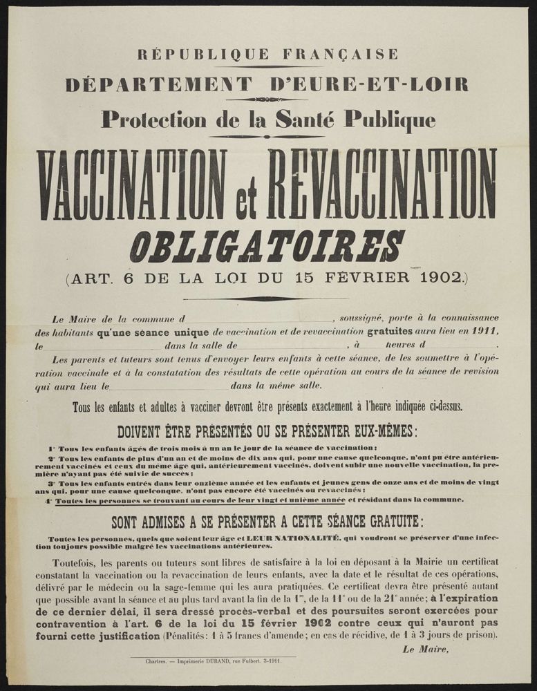 Vaccination et revaccination obligatoires. Chartres, 1913 (Imprimerie Durand). 