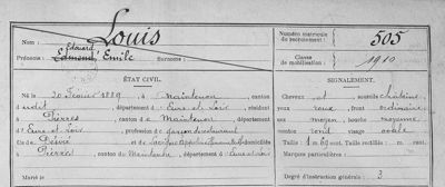 Extrait de la fiche matricule d’Edouard Emile LOUIS, Registre matricule, bureau de Dreux, classe 1909, matricule 505, Arch. dép. d’Eure-et-Loir , 1 R 679.