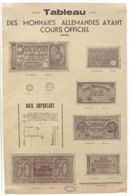 Affiches relatives à l'usage de la monnaie allemande et au maintien de l'ordre, 1940. 