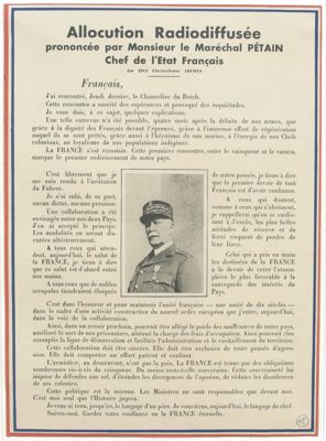 Affiche reprenant une allocution radiodiffusée du maréchal Pétain, 30 octobre 1940. 