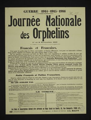 « Journée nationale des orphelins, 1er et 2 novembre 1916 ». Archives de la ville de Chartres et de l'Agglomération Chartres Métropole, affiche 1 Fi 1092