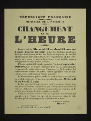 « Changement d'heure », affiche du Ministère de l'Intérieur, sans date.  Archives de la Ville de Chartres et l'Agglomération Chartres Métropole, Hg3-72 (1 Fi 1080)
