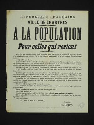 Placard de la ville de Chartres « Pour celles qui restent », 11 août 1914. Archives de la Ville de Chartres et l'Agglomération Chartres Métropole, Hg3-20, 1 Fi 1063
