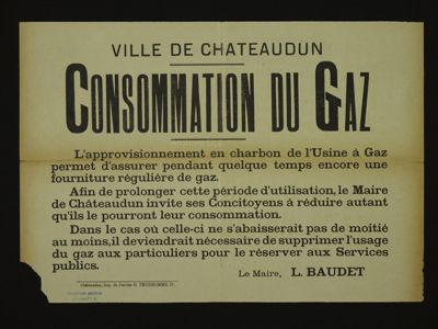 Affiche du maire de Châteaudun appelant les habitants à réduire leur consommation de gaz. Archives municipales de Châteaudun.
