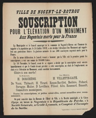 Affiche d'appel à la souscription réalisée par la mairie de Nogent-le-Rotrou en 1919. Archives municipales de Nogent-le-Rotrou.