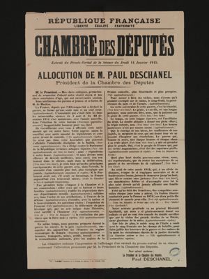 Allocution de M. Paul Deschanel, Président de la chambre des députés, 14 janvier 1915. Affiche. Archives municipales de Nogent-le-Rotrou, 1 S 21.