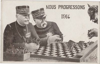  Gilbert Gautier, « Nous progressons, 1914 ». Carte postale, fonds Legrand. ADEL, 53 Fi 124-01.