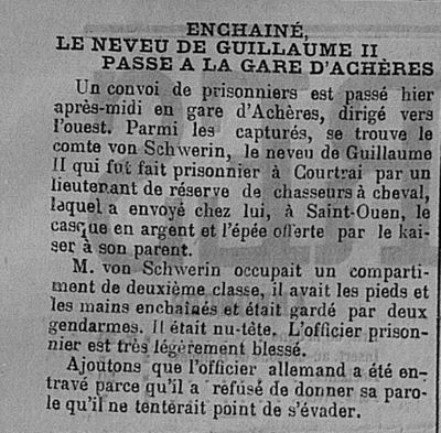 « Enchaîné, le neveu de Guillaume II passe à la gare d'Achères », Journal de Chartres, n° 102, mardi 1er septembre 1914. ADEL, Per 9.