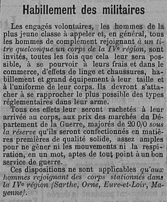 « Habillement des militaires », Journal de Chartres, n° 102, mardi 1er septembre 1914. ADEL, Per 9.