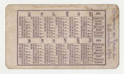 « Souvenir de Renée du 2 novembre 1914 », calendrier publicitaire appartenant à Georges LORRAIN. Archives départementales d'Eure-et-Loir, 5 Num 36 - 16, Fonds Lorrain.