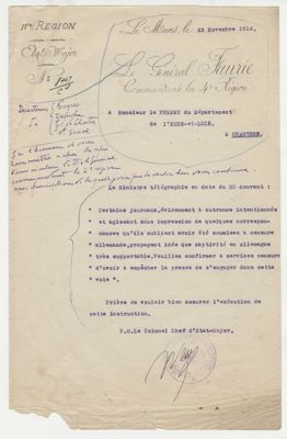 Courrier du général Faurie, commandant la 4e Région, au préfet d'Eure-et-Loir en date du 23 novembre 1914, concernant la censure de la presse. Archives départementales d'Eure-et-Loir, 4 M 244.