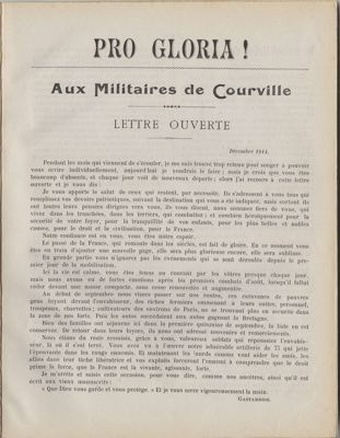 « Pro Gloria. Lettre ouverte aux militaires de Courville », décembre 1914, par M. Gastambide, maire de Courville. Archives départementales d'Eure-et-Loir, 1 J 1028, Fonds Gastambide.