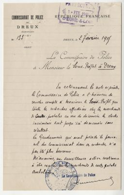 Courrier du commissaire de police de Dreux au sous-préfet de Dreux en date du 2 février 1915 expliquant le résultat de ses recherches de cartes postales censurées. Archives départementales d'Eure-et-Loir, 4 M 244.