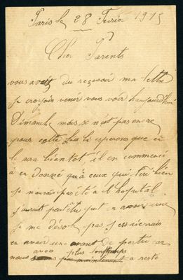 Lettre de Georges Leconte à ses parents en date du 28 février 1915. Archives départementales d'Eure-et-Loir, 5 NUM 36-26, Fonds Leconte.