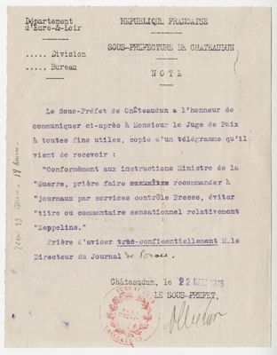Note du sous-préfet de Châteaudun au juge de paix du canton de Brou en date du 22 mars 1915. Archives départementales d'Eure-et-Loir 4 U 6 - 203.