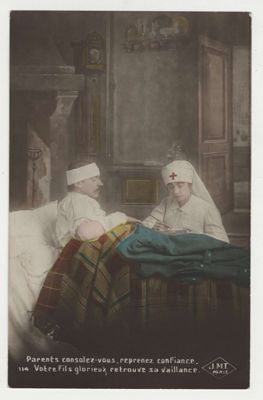 Carte postale illustrée couleur envoyée par Georges LORRAIN à ses parents de Morlaix où il est en convalescence, en date du 29 mai 1915. Archives départementales d'Eure-et-Loir, 82 J, Fonds Lorrain.