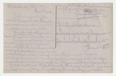 Carte postale illustrée couleur envoyée par Georges LORRAIN à ses parents de Morlaix où il est en convalescence, en date du 29 mai 1915. Archives départementales d'Eure-et-Loir, 82 J, Fonds Lorrain.