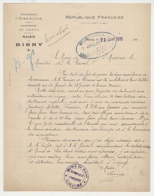 Courrier du maire de la commune de Digny au ministre de la guerre expliquant les conséquences négatives de la mobilisation de deux maréchaux sur l'agriculture locale (29 juin 1915). 