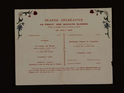 Programme d'une soirée-spectacle « séance récréative » organisée au profit des soldats blessés en date du 29 août 1915. Archives départementales d'Eure-et-Loir, 1 J 1028.