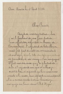 Lettre envoyée du front par Georges LORRAIN à ses parents, en date du 2 août 1915 dans laquelle il a joint le programme d'un concert auquel il a assisté. Archives départementales d'Eure-et-Loir, 82 J, Fonds Lorrain.