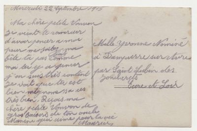 Dernière carte postale illustrée couleur envoyée par Maurice LORRAIN à sa nièce Yvonne NOMINÉ dite « Vonvon » en date du 22 septembre 1915, en effet il est déclaré disparu le 25 septembre suivant. Archives départementales d'Eure-et-Loir, 82 J, Fonds Lorra