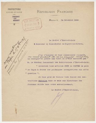 Note du Préfet au sous-préfet de Nogent-le-Rotrou, 14 décembre 1915, indiquant les dernières consignes en matière de censure de la presse. Arch. Dép. d'Eure-et-Loir, 4 M 244.