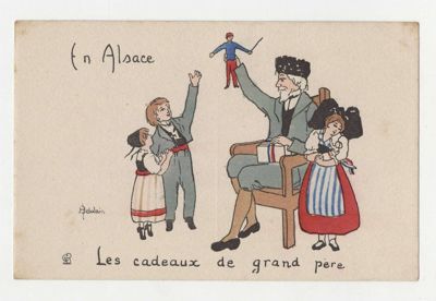 "En Alsace. Les cadeaux de grand père". - Carte postale illustrée couleur. - H[enriette] Delalain. - Ch. R, Paris. Arch. Dép. d'Eure-et-Loir, 53 Fi 128, Fonds Legrand.