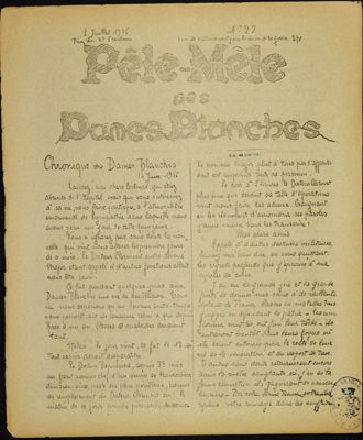 « Le Pêle-mêle des Dames blanches », journal bimensuel écrit par les blessés de l'hôpital temporaire, du 1er juillet 1916. Arch. Dép. d'Eure-et-Loir, 5num36_17_57, Fonds des Archives municipales de Châteaudun.
