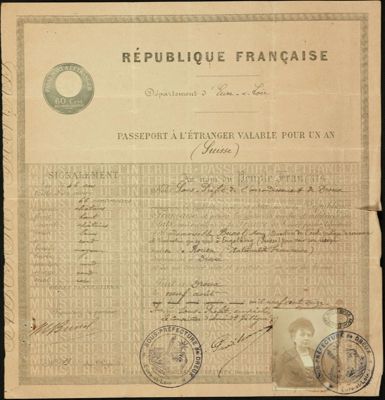 Passeport à l'étranger valable un an émanant de la sous-préfecture de Dreux pour Melle Bunel, 9 août 1916. Arch. Dép. d'Eure-et-Loir, 4 M P 574.