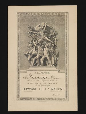 Diplôme d'hommage de la nation au soldat Alexandre JAUNEAU du 102e RI, mort pour la France le 25 septembre 1916. Arch. Dép. d'Eure-et-Loir, 2 R ICONO 137.