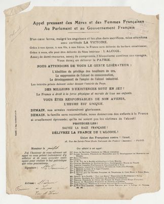 Tract de l'Union des Françaises contre l'alcool appelant le gouvernement à lutter contre l'alcool, reçu à la préfecture de Chartres le 20 octobre 1916. Arch. Dép. d'Eure-et-Loir, 5 M 582.