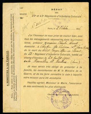 Note du dépôt des 23e et 43e régiments d'infanterie coloniale à M. le maire de Chartres en date du 2 octobre 1916, demandant à celui-ci de prévenir M. Leconte du décès de son fils. Arch. Dép. d'Eure-et-Loir, 5 Num 36 - 26, Fonds Leconte.