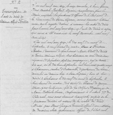 Transcription dans le registre d'état civil de la commune de Saint-Luperce en date du 11 novembre 1916, du décès du soldat Adémar-Alfred FORTIN survenu le 19 septembre 1916 à Souhesme (Meuse). Arch. Dép. d'Eure-et-Loir, 3 E 350 - 13
