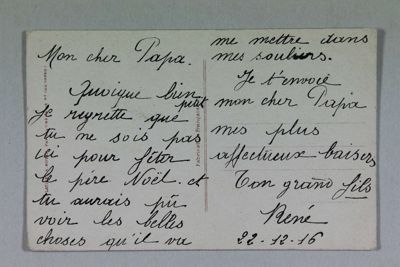 "Noël". - Carte postale illustrée couleur. Correspondance de guerre en date du 22 décembre 1916. Arch. Dép. d'Eure-et-Loir, 53 Fi 232, Fonds Legrand.