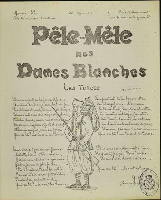 « Le Pêle-mêle des Dames blanches », journal bimensuel écrit par les blessés de l'hôpital temporaire, 15 mars 1917. Arch. Dép. Eure-et-Loir, 5num36_17_57, Fonds des Archives municipales de Châteaudun