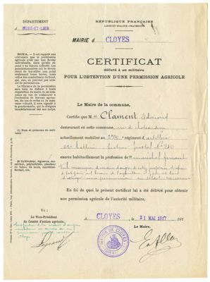 Certificat délivré à M. Clament pour l'obtention d'une permission agricole par la commune de Cloyes, en date du 21 mai 1917. Arch. Dép. d'Eure-et-Loir, 1 M 90.