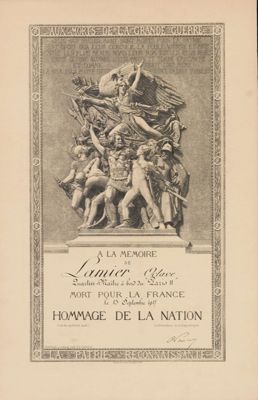 Diplôme d'hommage de la nation au soldat Octave LAMIER, quartier-maître à bord du « Paris II », mort pour la France le 15 septembre 1917. Arch. Dép. d'Eure-et-Loir, 2 R ICONO 137.