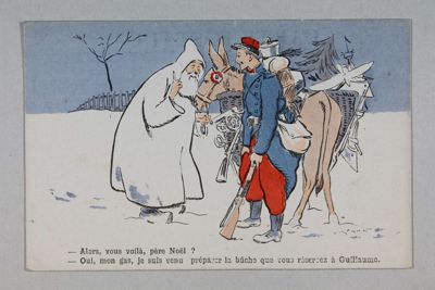 "- Alors, vous voilà, père Noël ? - Oui, mon gars, je suis venu préparer la bûche que vous réservez à Guillaume." - Carte postale illustrée couleur. Arch. Dép. d'Eure-et-Loir, 53 Fi 192, Fonds Legrand.