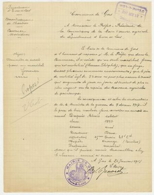 Demande de sursis pour un maréchal ferrant à la demande du maire de la commune de Gas, en date du 24 janvier 1918. Arch. Dép. d'Eure-et-Loir, 1 R 135.