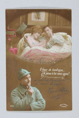 "O foyer de tendresse, je pense à toi sans cesse !" - Carte postale illustrée couleur. Arch. Dép. d'Eure-et-Loir, 53 Fi 255, Fonds Legrand.