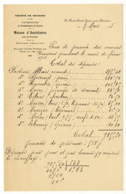 Etat des dépenses occasionnées par la main d'uvre étrangère émanant de la société de secours et de patronage de l'arrondissement de Chartres en date du 7 mars 1918.  Arch. Dép. d'Eure-et-Loir, 4 M P 604.
