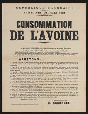  « Consommation de l'avoine », arrêté préfectoral en date du 12 mars 1918. Arch. Dép. d'Eure-et-Loir, 6 M 80.