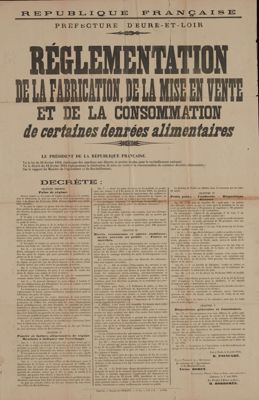 « Réglementation de la fabrication, de la mise en vente et de la consommation de certaines denrées alimentaires », décret présidentiel en date du 2 avril 1918. Arch. Dép. d'Eure-et-Loir, 6 M 106.